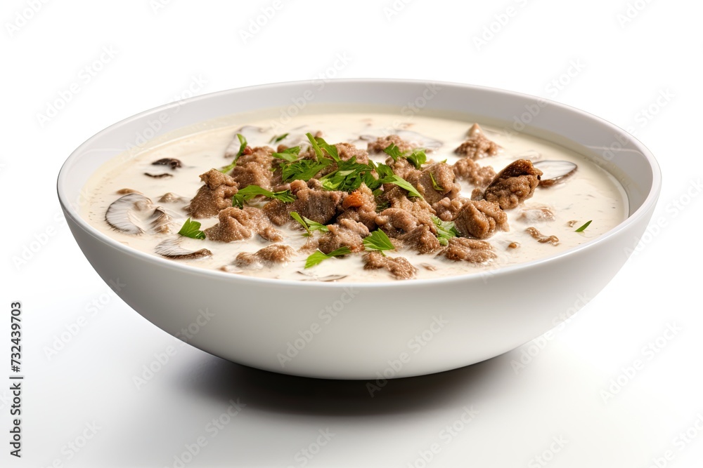 Beef soup closeup isolated on white background