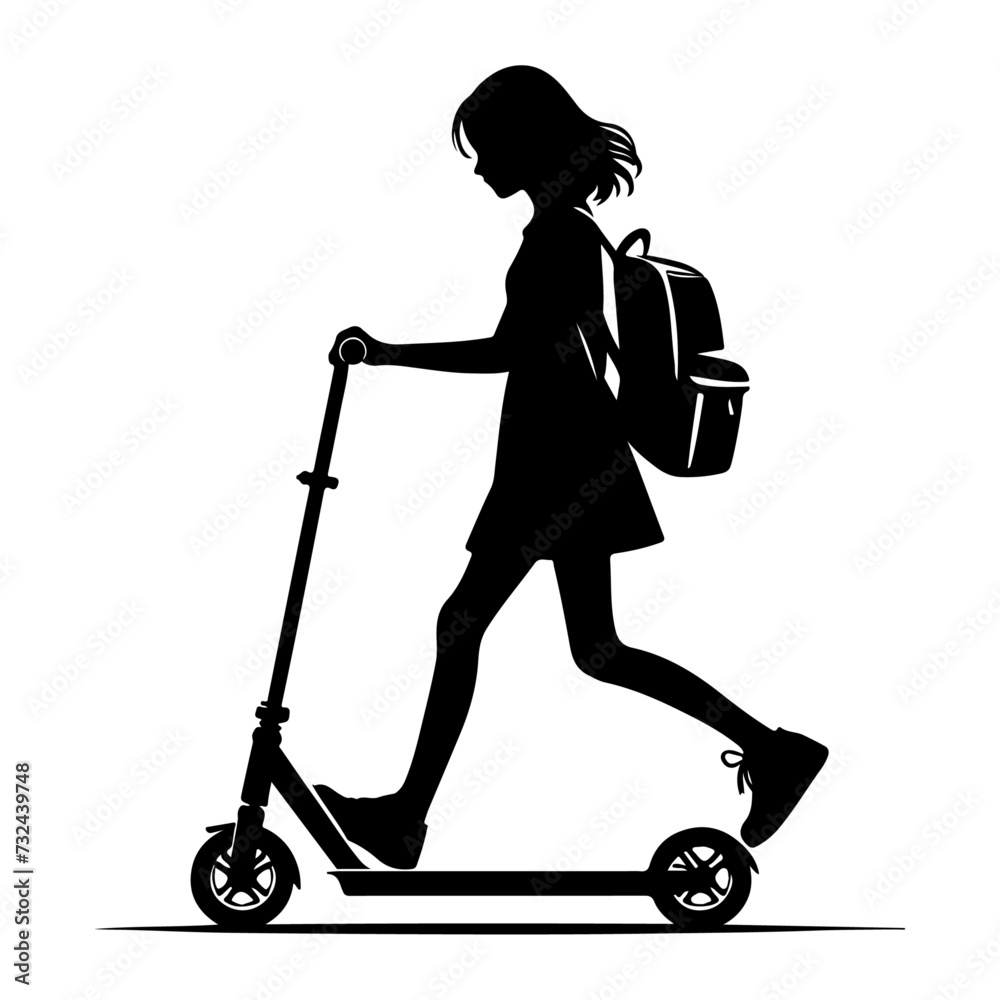Two wheeled Kick scooter with Raider vector silhouette, black color silhouette, white background Two wheeled Kick scooter with Raider vector silhouette, black color silhouette, white background