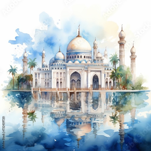 Islamic Watercolo mosqueand line art Muslim mosque watercolor looking with floral and rose belly. © Torab
