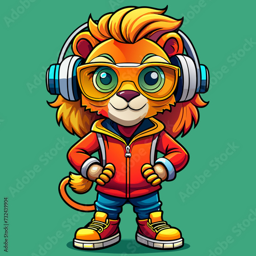 lion smart cool, cute, style , Big eye, Full Human Body, art 90 style, sport wear, headset, full body