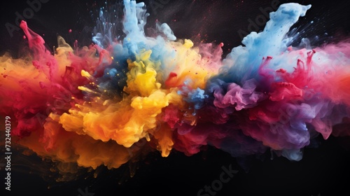 Colorful powder explosion on black background. Abstract pastel color dust particles splash photo