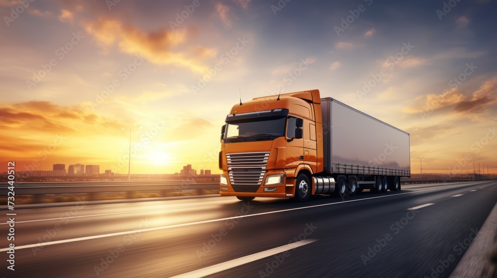 The logistics import export and cargo transportation industry concept of the Container Truck runs on a highway road at sunset blue sky background with copy space, moving by motion blur effect,