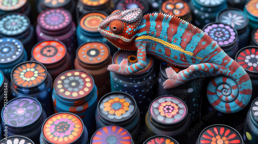 Chameleon on Ornately Decorated Paint Cans.
A chameleon exploring ornately patterned paint cans, a fusion of wildlife and artistry.