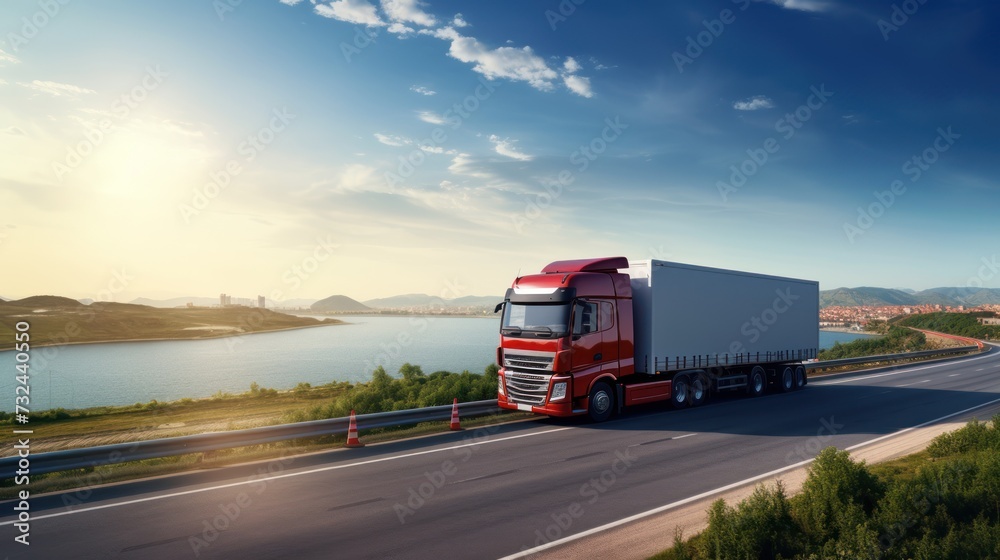 Logistics import export and cargo transportation industry concept of Container Truck runs on a View of road by the sea with with a blue sky background, city background with copy space.