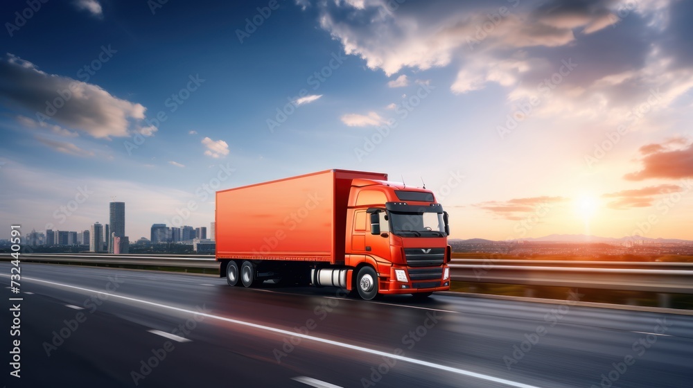 The logistics import export and cargo transportation industry concept of the Container Truck runs on a highway road with a blue sky background, a city background with copy space, a cargo airplane,