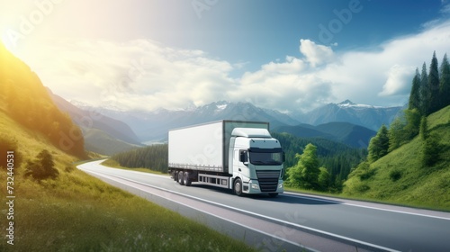 Logistics import export and cargo transportation industry concept of the Container Truck runs on a Mountain road with a blue sky, a background with copy space,