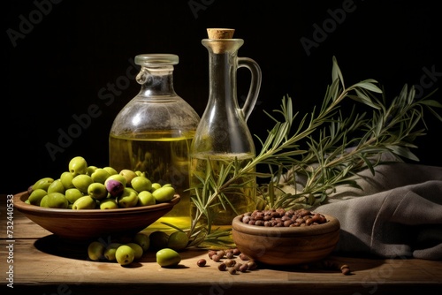 Cylindrical Olive oil bottle virgin. Ripe extra food. Generate Ai