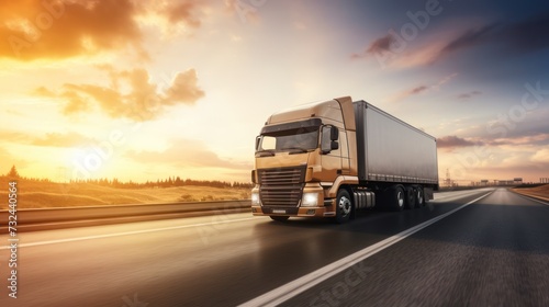 The logistics import export and cargo transportation industry concept of the Container Truck runs on a highway road at sunset blue sky background with copy space, © inthasone