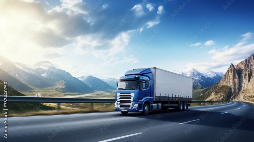 Logistics import export and cargo transportation industry concept of Container Truck runs on a Mountain road at sunset blue sky, city background, background with copy space, 