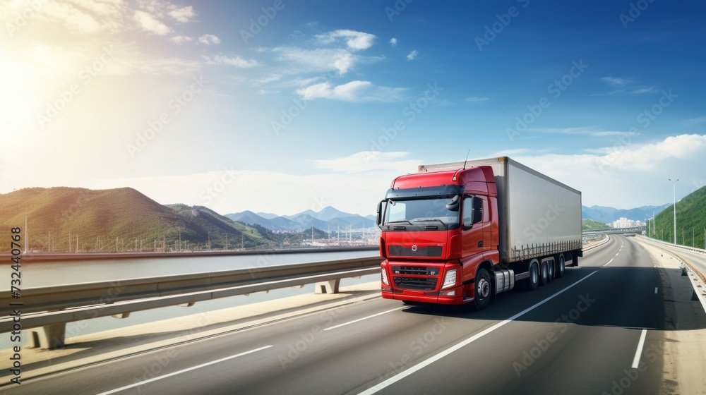 Logistics import export and cargo transportation industry concept of Container Truck runs on a Mountain road with with a blue sky background, city background with copy space.