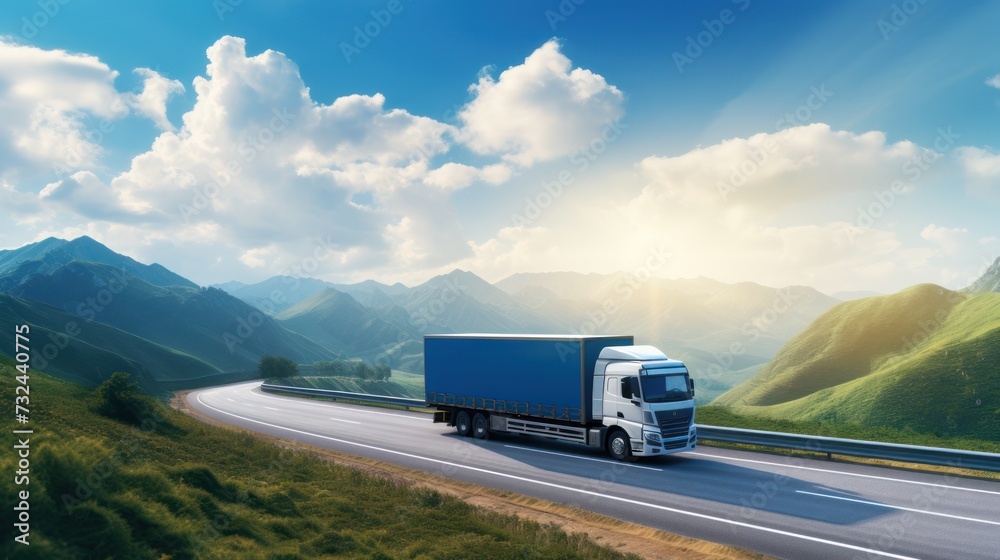 Logistics import export and cargo transportation industry concept of Container Truck runs on a Mountain road at sunset blue sky, background with copy space, 