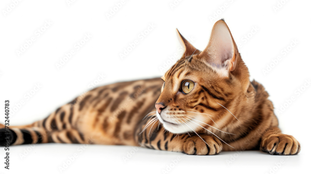 Obraz premium Bengal Time: A Captivating Photo of a Spotted Cat on a Clear Background