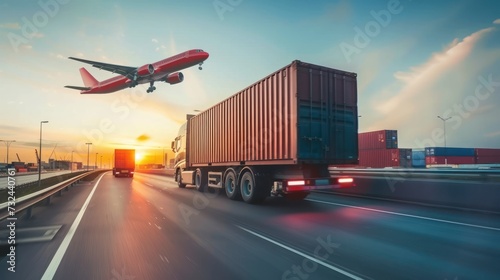 Logistics import export and cargo transportation industry concept of Container Truck run on a highway road at sunset blue sky background with copy space, cargo airplane, moving by motion blur effect