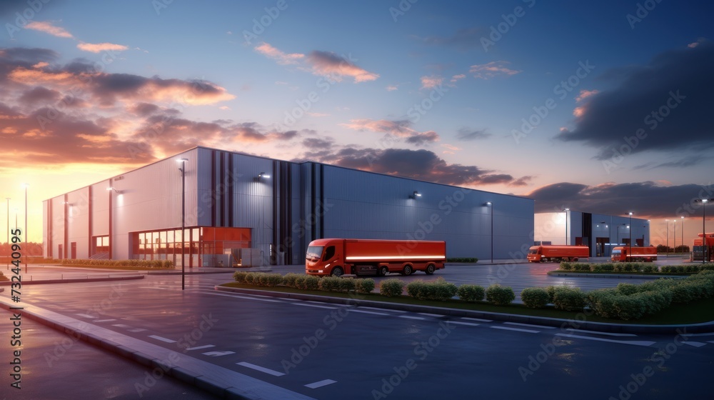 Logistics warehouse building, sunset, a blue sky background,