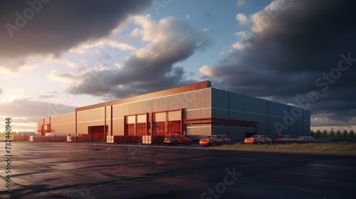 Logistics warehouse building, sunset, a blue sky background,