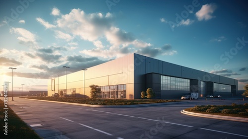 Logistics warehouse building, a blue sky background,