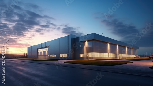 Logistics warehouse building, sunset, a blue sky background, © inthasone