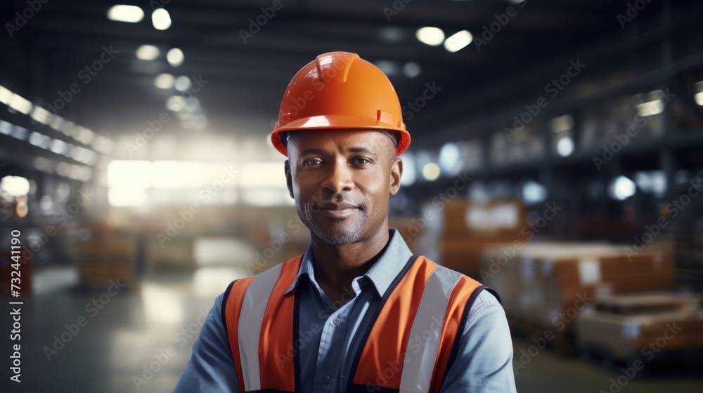 Obraz premium Portrait of African American worker in warehouse, Wear a white safety helmet and safety gear,Wear safety glasses.