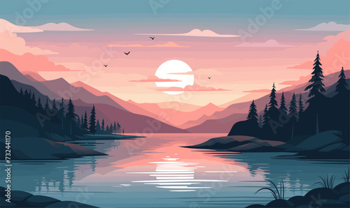 sunrise lake vector flat minimalistic isolated illustration