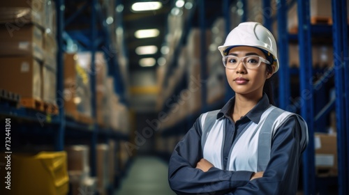 Portrait of the Asia women worker in the warehouse, Wearing a white safety helmet and safety gear, Wearing safety glasses, and Standing with arms crossed.