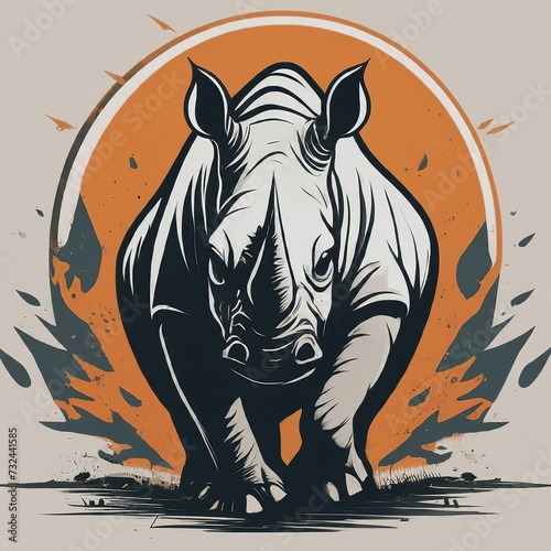 A powerful white rhinoceros charging forward, conveying strength and determination in a limited color palette vector logo