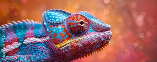 Chameleon with Abstract Colourful Background. A chameleon blending in with a vibrant abstract background. © AI Visual Vault