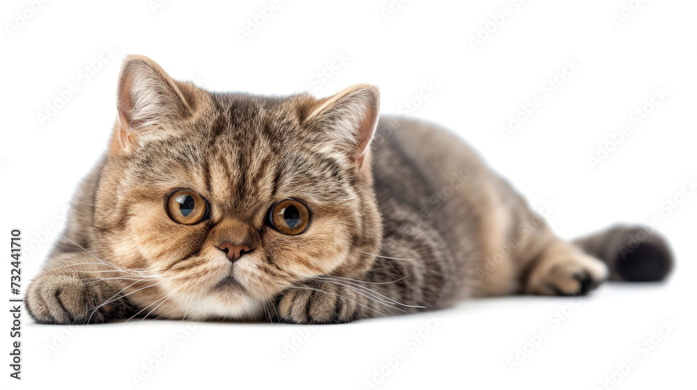 Fototapeta premium Exotic Shorthair Cat Spotlight: A Playful Pose on a Crystal-Clear Background