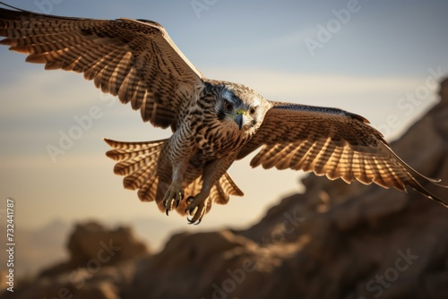 Vivid Flying falcon sunset. Bird animal. Generate Ai