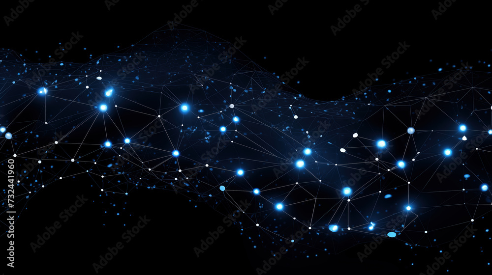 blue shining points and lines showing network connection with black background
