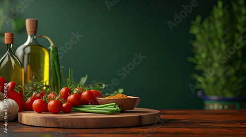 Front view round wooden board turmeric in small bowl green onions oil bottle green pepper tomatoes on table, realistic, HD, copy space - generative ai