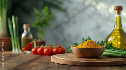 Front view round wooden board turmeric in small bowl green onions oil bottle green pepper tomatoes on table, realistic, HD, copy space - generative ai