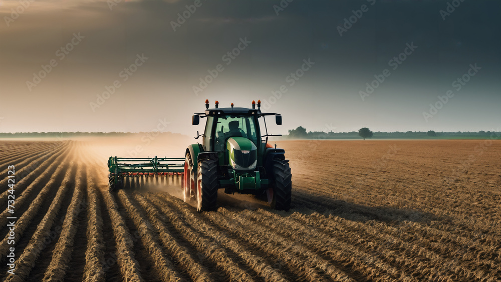 Fototapeta premium tractor in a field with a plow in the foreground