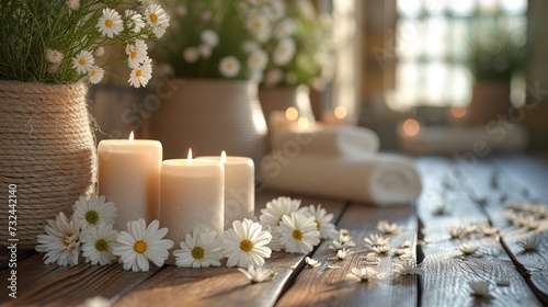 Handmade natural candles showcased on a wooden background. Simplicity and charm of the candles, organic background.