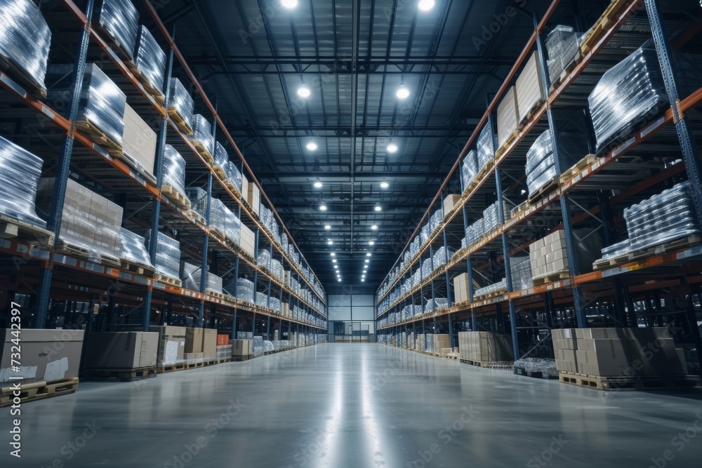 The futuristic warehouse streamlines distribution with its systematic use of robotics and digital inventory management. - obrazy, fototapety, plakaty 