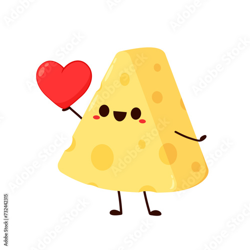 Cute happy cheese character. Funny food emoticon in flat style. Dairy emoji vector illustration.