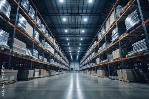 The futuristic warehouse streamlines distribution with its systematic use of robotics and digital inventory management. photo