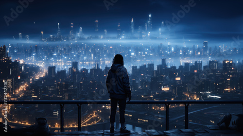 cool impressive epic anime wallpaper artwork showing a person standing on a rooftop and looking down a modern neon lighted city photo