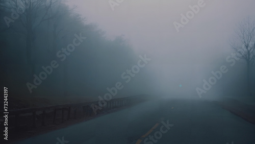 view of a foggy road with a single light