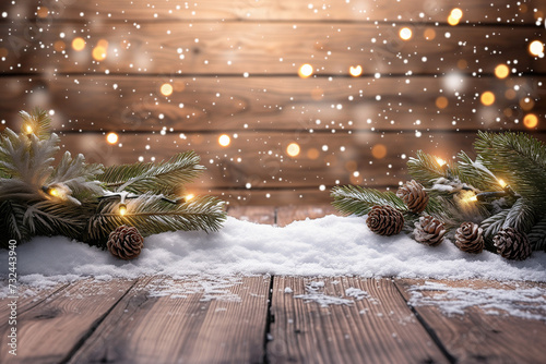 A wooden background sets the stage for Christmas photography, enhancing the festive atmosphere with its rustic allure photo