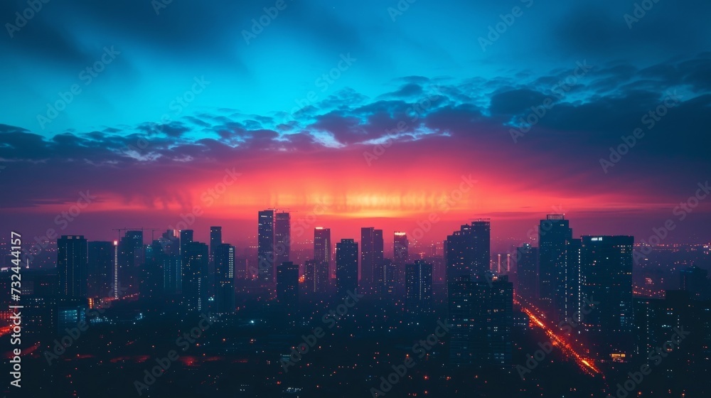 Fototapeta premium As dawn breaks, the city's skyline comes alive with the silhouette of towering skyscrapers, a scenic panorama set against the early morning sky.