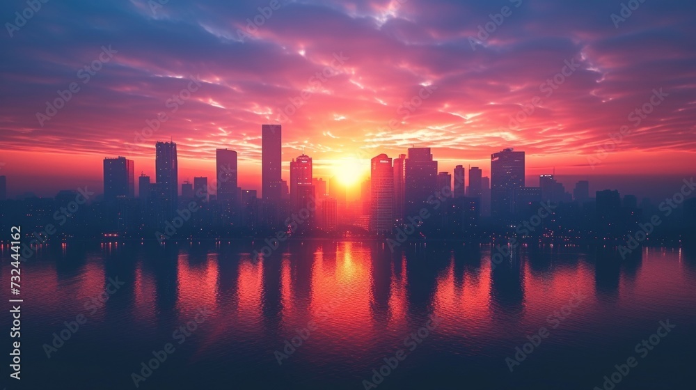 As the city awakens, the towering silhouettes of the business district's skyscrapers are illuminated by the early light of dawn.