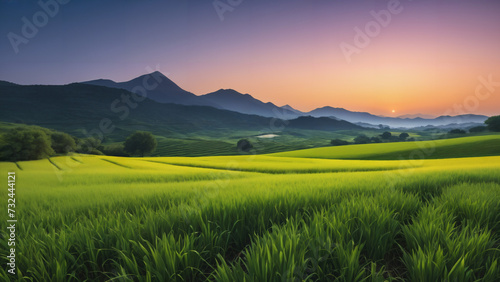 view of a field of grass with mountains in the background