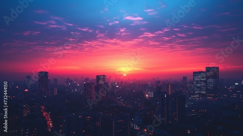 As dawn breaks, the city's skyline comes alive with the silhouette of towering skyscrapers, a scenic panorama set against the early morning sky.