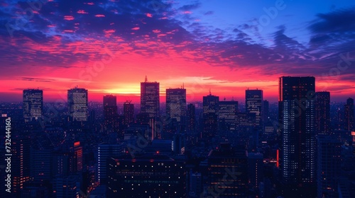 The city awakens as the sun rises, casting a warm glow on the towering skyscrapers, creating a stunning panorama of light and shadow.