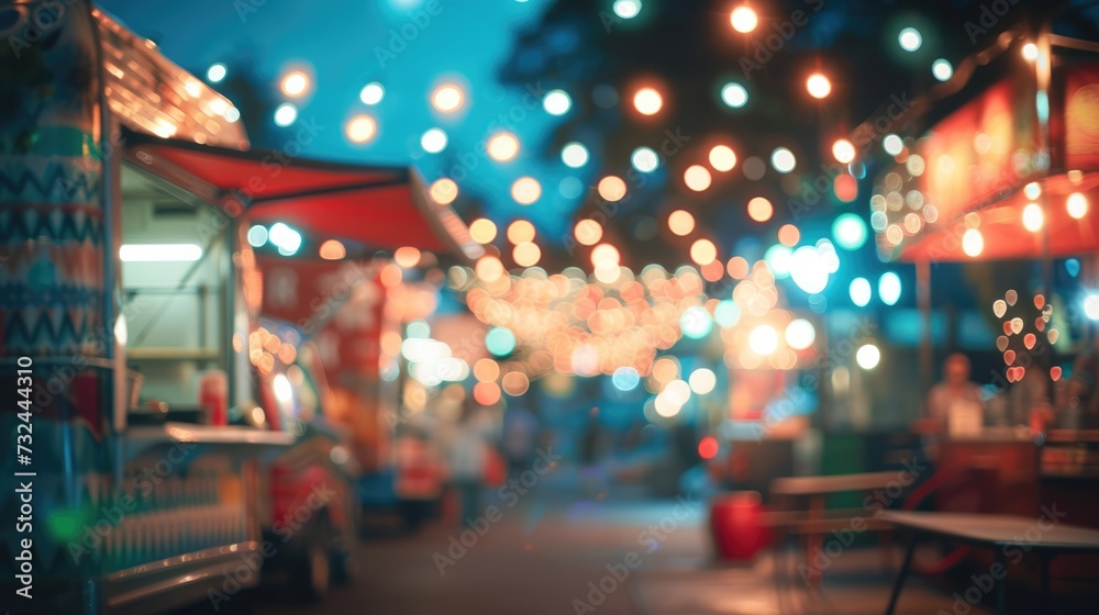 Generative AI, Food truck street festival, blurred lights background, atmospheric bokeh, muted colors	
