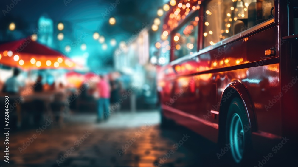 Generative AI, Food truck street festival, blurred lights background, atmospheric bokeh, muted colors	
