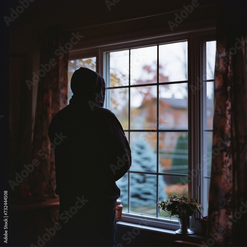 a burglar looking into abeautiful home he wants to break into