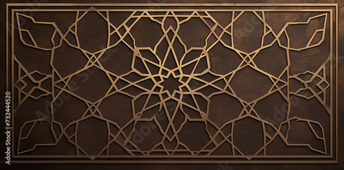 A design featuring Arabesque geometric patterns on a brown background, showcasing intricate and elegant ornamentation inspired by Islamic art. photo