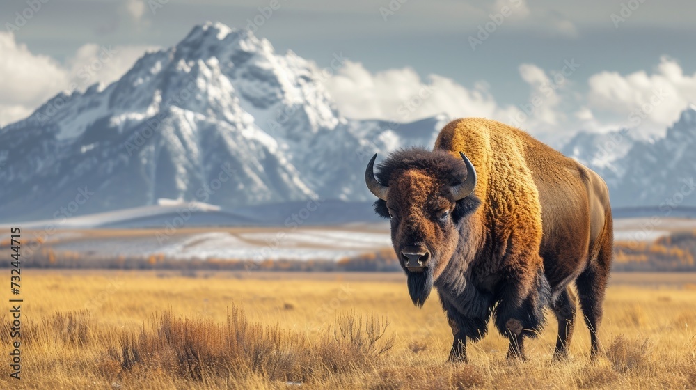 As the sun dips below the horizon, the bison's grazing silhouettes on the prairie embody the peaceful, wild spirit of the American West. - obrazy, fototapety, plakaty 