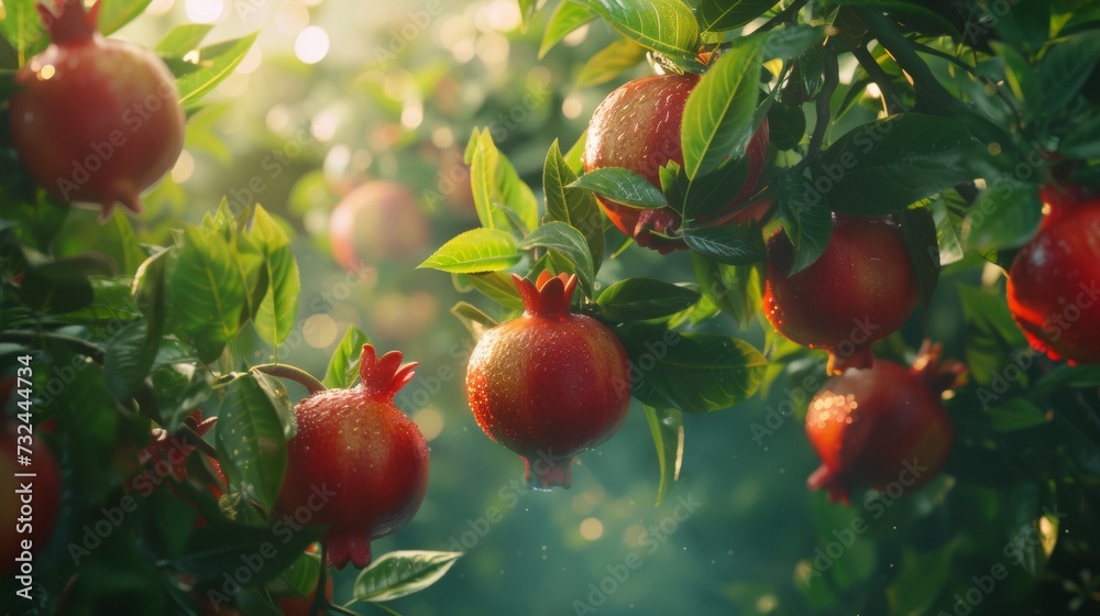 Healthy red pomegranate fruit trees. Rich harvest, pomegranate plantations with beautiful trees. Red, ripe pomegranates on a branch Fruits are very useful for a healthy lifestyle. Copy Space Healthy red pomegranate fruit trees. Rich harvest, pomegranate plantations with beautiful trees. Red, ripe pomegranates on a branch Fruits are very useful for a healthy lifestyle. Copy Space